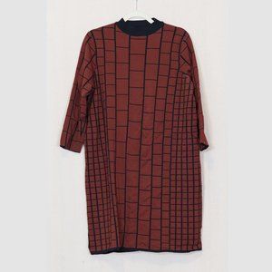 Mock neck window pane pattern reversible midi dress, 3/4 length sleeve, unknown